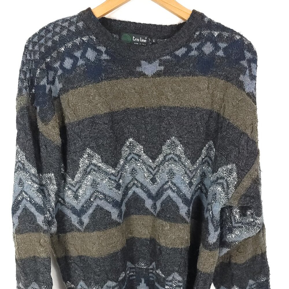 Vtg Tris Line Sweater Men's Large Multicolor Geometric Design Pullover Italy